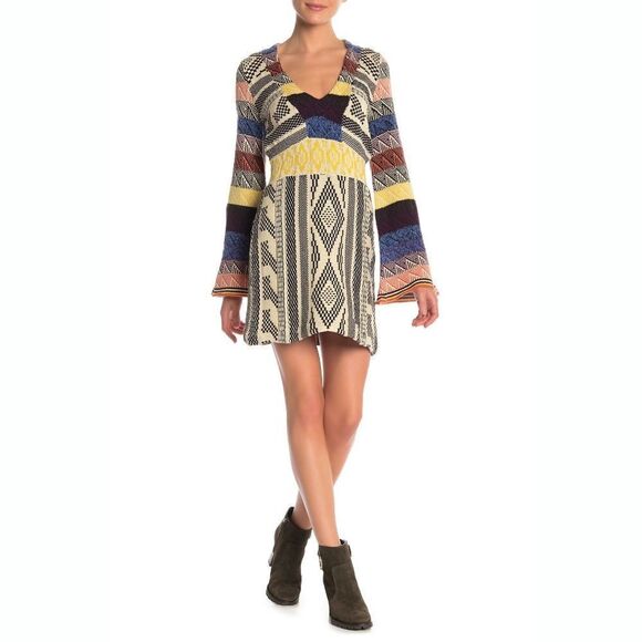 New! FREE PEOPLE Women's Multicolored Patchwork Boho Sweater Dress Bell Sleeve M - Picture 1 of 6